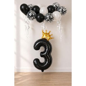 Patladı Gitti 3 Rakam Siyah Kral Tacı ve Konfetili Folyo Balon Set
