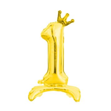 Patladı Gitti 34 inç 76 cm 1 Rakam Gold Renkli Ayaklı ve Kral Taçlı Folyo Balon