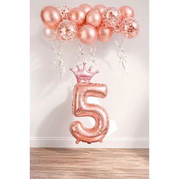 Patladı Gitti 5 Rakam Rose Gold Kral Tacı ve Konfetili Folyo Balon