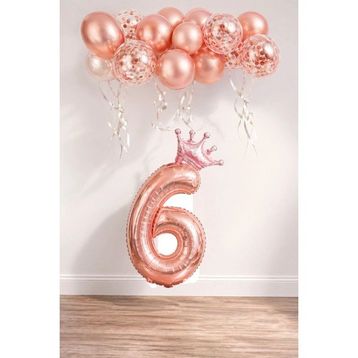 Patladı Gitti 6 Rakam Rose Gold Kral Tacı ve Konfetili Folyo Balon