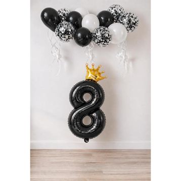 Patladı Gitti 8 Rakam Siyah Kral Tacı ve Konfetili Folyo Balon Set