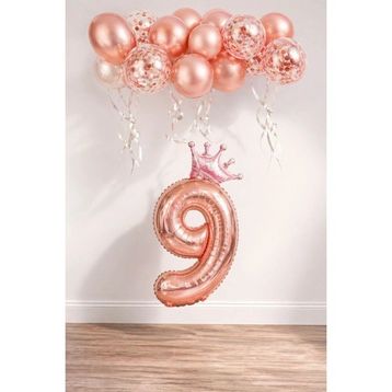 Patladı Gitti 9 Rakam Rose Gold Kral Tacı ve Konfetili Folyo Balon