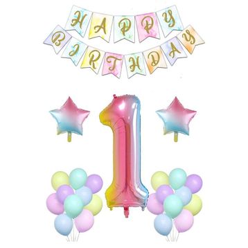 Patladı Gitti Gökkuşağı Konsepti 1 Yaş Rakam Yıldız Folyo Banner ve Makaron Balon Doğum Günü Parti Kutlama Seti
