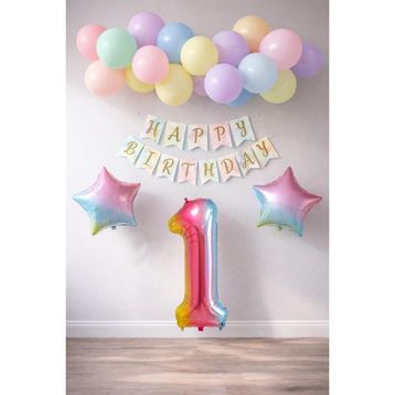 Patladı Gitti Gökkuşağı Konsepti 1 Yaş Rakam Yıldız Folyo Banner ve Makaron Balon Doğum Günü Parti Kutlama Seti
