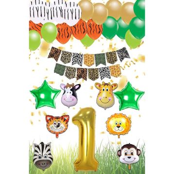 Patladı Gitti Safari Konsepti 1 Yaş Rakam Yıldız Folyo Banner ve Balon Zinciri Doğum Günü Parti Kutlama Seti