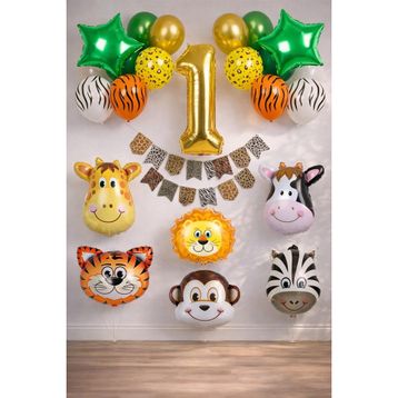 Patladı Gitti Safari Konsepti 1 Yaş Rakam Yıldız Folyo Banner ve Balon Zinciri Doğum Günü Parti Kutlama Seti