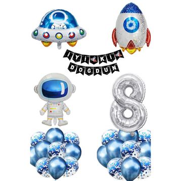 Patladı Gitti Uzay Konsepti Astronot Ufo ve Uzay Gemisi 8 Yaş Doğum Günü Parti Kutlama Folyo Balon Set