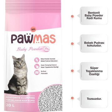 Pawmas Bebek Pudrası Kokulu Bentonit 20 lt Kedi Kumu