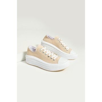 Pembe Potin 57-101-23 Bağcıklı Kalın Taban Keten Bej Kadın Sneaker Ayakkabı