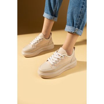Pembe Potin 89-049-25 Bej Kalın Hafif Taban Bağcıklı Kadın Sneakers Ayakkabı