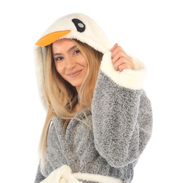 Penguen Nakışlı Kapşonlu Wellsoft Peluş Sabahlık Bornoz