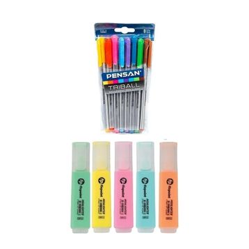 Pensan Triball Tükenmez Kalem 8 Renk + Masis Pastel Renk 6'lı Fosforlu Kalem