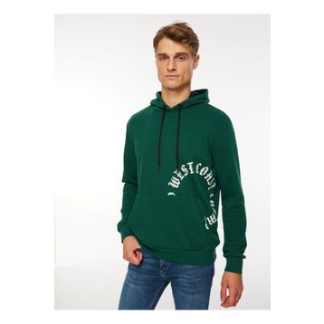 People By Fabrika SPBF3WM-SWT5018 Koyu Yeşil Kapüşon Yaka Baskılı Erkek Sweatshirt