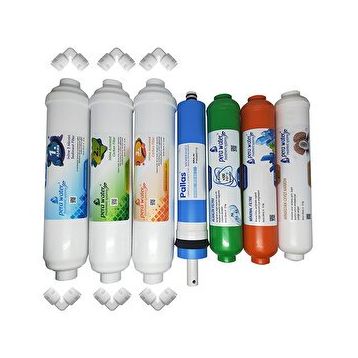Pera Water Kapalı Kasa Su Arıtma Cihazlarına Uygun Pallas 80 Gpd İnline 7'li Alkali Mineral Filtre Seti ve Bağlantı Dirseği