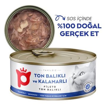 Petlebi Sos İçinde Fileto Taze Ton Balıklı ve Kalamarlı 70 gr Kedi Konservesi