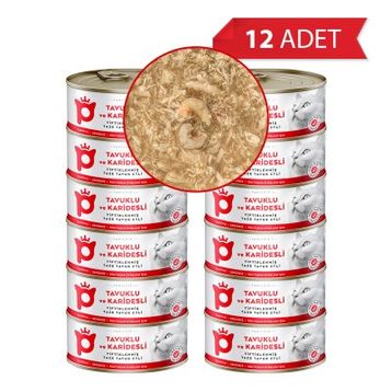 Petlebi Sos İçinde Tiftiklenmiş Taze Tavuk Etli ve Karidesli 12x70 gr Kedi Konservesi