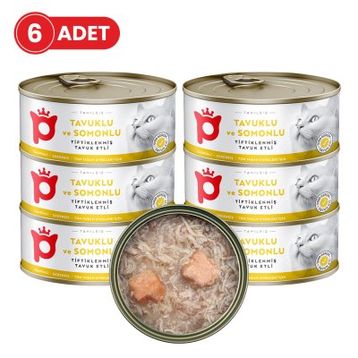 Petlebi Sos İçinde Tiftiklenmiş Taze Tavuk Etli ve Somonlu 6x70 gr Kedi Konservesi