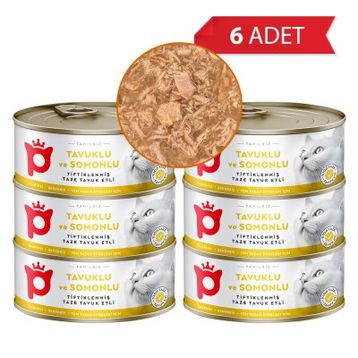 Petlebi Sos İçinde Tiftiklenmiş Taze Tavuk Etli ve Somonlu 6x70 gr Kedi Konservesi