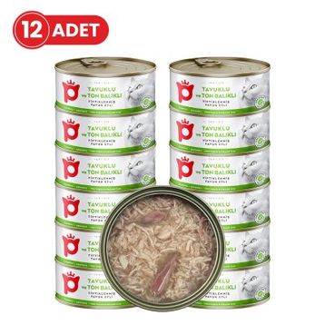 Petlebi Sos İçinde Tiftiklenmiş Taze Tavuk Etli ve Ton Balıklı 12x70 Kedi Konservesi