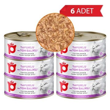 Petlebi Sos İçinde Tiftiklenmiş Taze Tavuk Etli ve Ton Balıklı 6x70 gr Kedi Konservesi