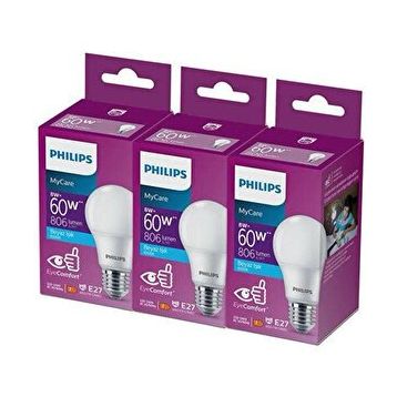 Philips 6500K Beyaz Işık 8-60W 3'lü Led Ampul