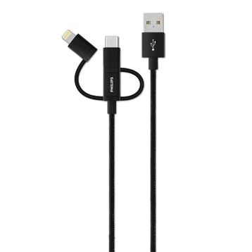 Philips DLC2608BK Siyah 3’ü 1 Arada Örgü Şarj ve Data Kablosu