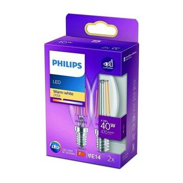 Philips Led Classic 40W B35 Led Mum Filament Ampul 2700K Sarı Işık E14 İnce Duy Dim Edilmez 2'li Eko Paket