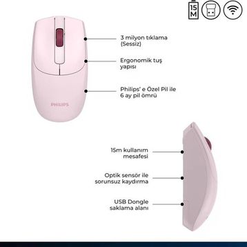 Philips SPK7398P Pembe Optik Sessiz Kablosuz Mouse