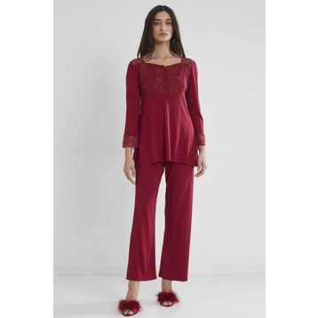 Pierre Cardin 1241 Bordo Kadın Penye Dantelli Pijama Takımı