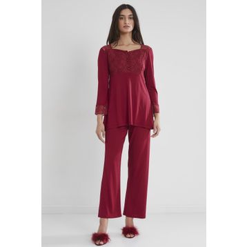 Pierre Cardin 1241 Bordo Kadın Penye Dantelli Pijama Takımı