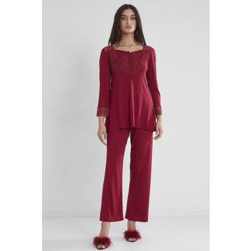 Pierre Cardin 1241 Bordo Kadın Penye Dantelli Pijama Takımı
