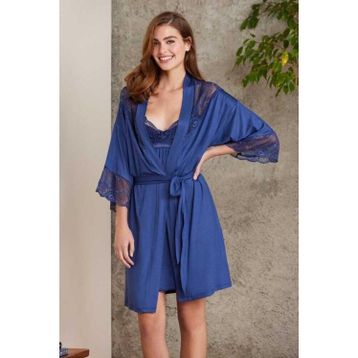 Pierre Cardin 4010 Lacivert Kadın Dantelli Penye Gecelik Sabahlık Takım