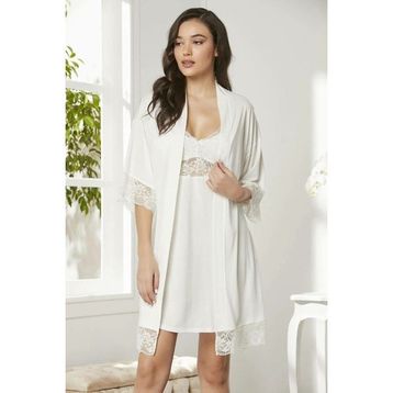 Pierre Cardin 4020 Ekru Dantelli Gecelik Sabahlık Takım