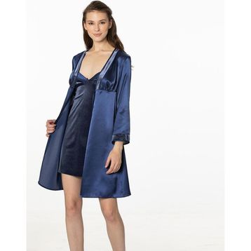 Pierre Cardin 4040 Lacivert Kadife Saten Gecelik Sabahlık Takım