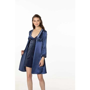 Pierre Cardin 4040 Lacivert Kadife Saten Gecelik Sabahlık Takım