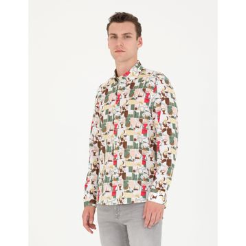 Pierre Cardin 50265034-VR027 Haki Desenli Erkek Gömlek