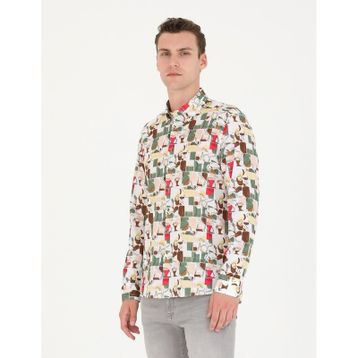Pierre Cardin 50265034-VR027 Haki Desenli Erkek Gömlek