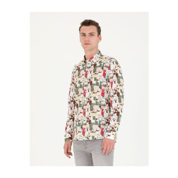 Pierre Cardin 50265034-VR027 Haki Desenli Erkek Gömlek