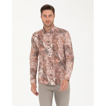 Pierre Cardin 50266599-VR002 Açık Kahverengi Desenli Erkek Gömlek