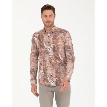 Pierre Cardin 50266599-VR002 Açık Kahverengi Desenli Erkek Gömlek