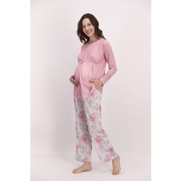 Pierre Cardin Çiçekli Açık Pembe Kadın Geniş Paça Lohusa Pijama Takımı