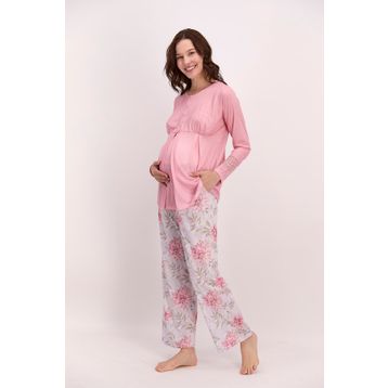 Pierre Cardin Çiçekli Açık Pembe Kadın Geniş Paça Lohusa Pijama Takımı