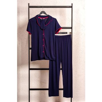Pijamoni Boydan Düğmeli Lacivert Kadın Pijama Takımı