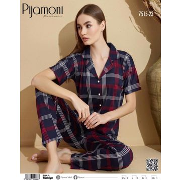 Pijamoni Boydan Düğmeli Lacivert Kadın Pijama Takımı