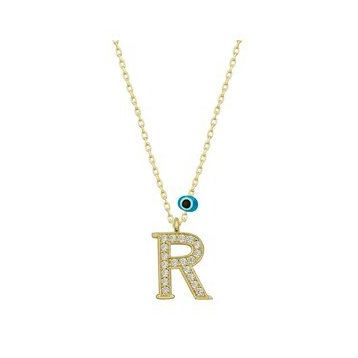 pilelistore 925 Ayar Gümüş Nazar Gold R Harfi Kadın Gümüş Kolye