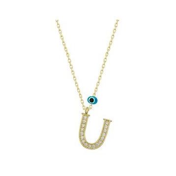 pilelistore 925 Ayar Gümüş Nazar Gold U Harfi Kadın Gümüş Kolye