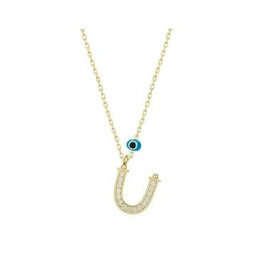 pilelistore 925 Ayar Gümüş Nazar Gold U Harfi Kadın Gümüş Kolye