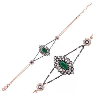 Pilelistore 925 Ayar Gümüş Rose Mat Yeşil Taşlı Otantik Bileklik