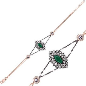 Pilelistore 925 Ayar Gümüş Rose Mat Yeşil Taşlı Otantik Bileklik