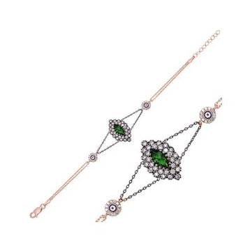 Pilelistore 925 Ayar Gümüş Rose Yeşil Taşlı Otantik Bileklik